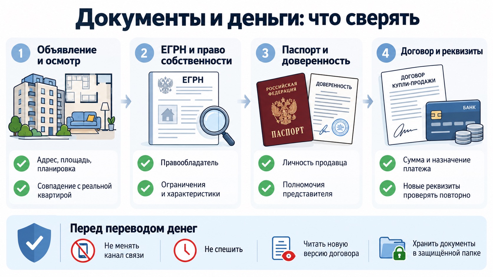 Проверка документов и платежей при покупке квартиры.
